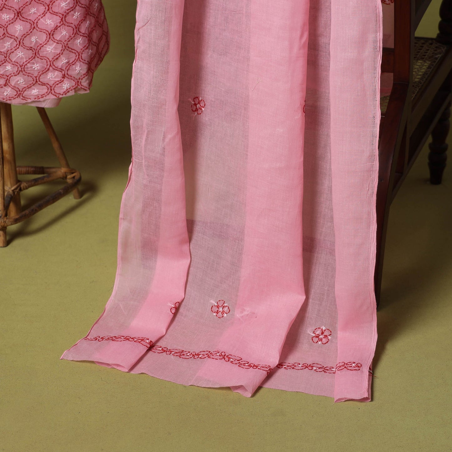 Pink - 3pc hand embroidery cotton lucknow chikankari dress