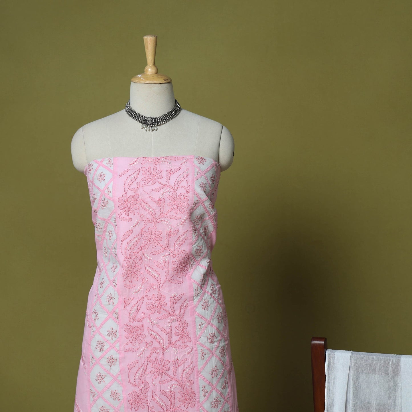 Pink - 3pc hand embroidery cotton lucknow chikankari dress