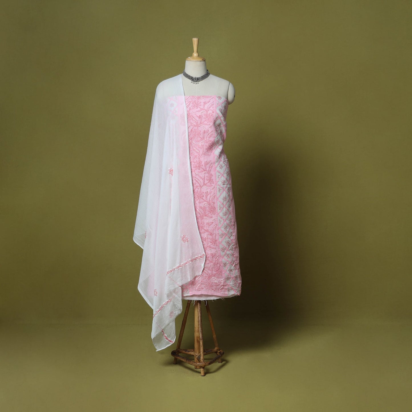Pink - 3pc hand embroidery cotton lucknow chikankari dress