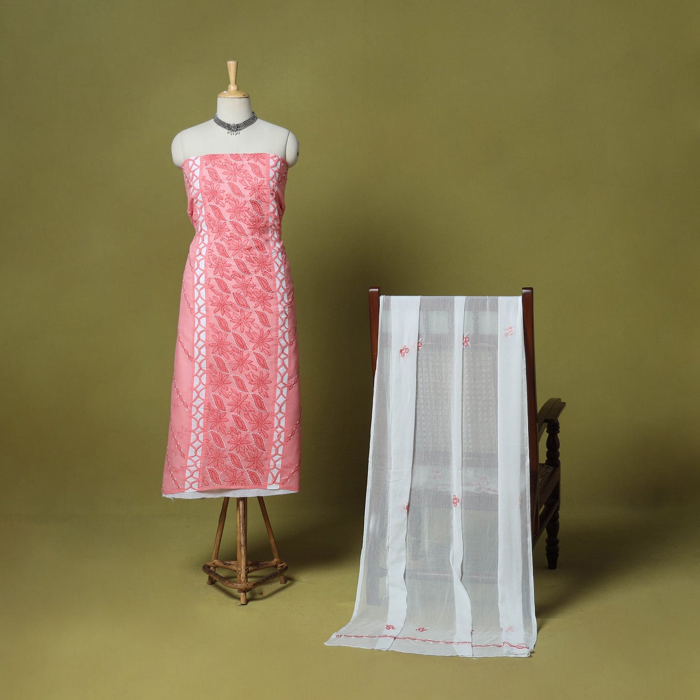 Pink - 3pc hand embroidery cotton lucknow chikankari dress