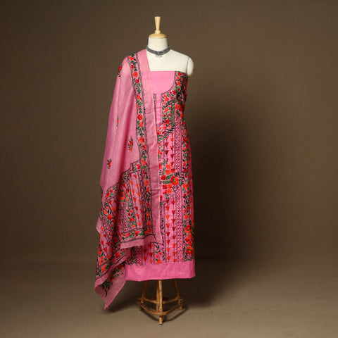Pink - 3pc hand embroidery cotton unstitched phulkari dress