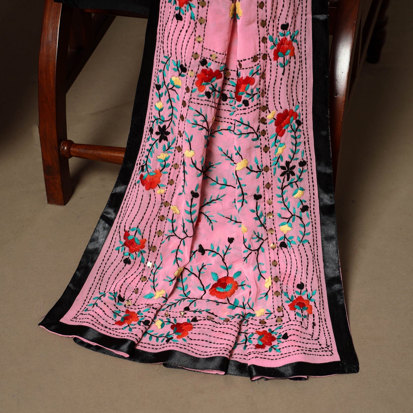 Pink - 3pc hand embroidery georgette unstitched phulkari