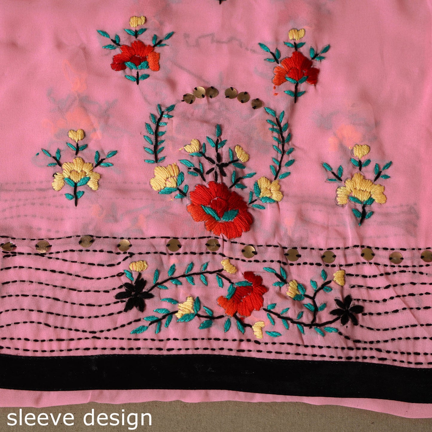 Pink - 3pc hand embroidery georgette unstitched phulkari