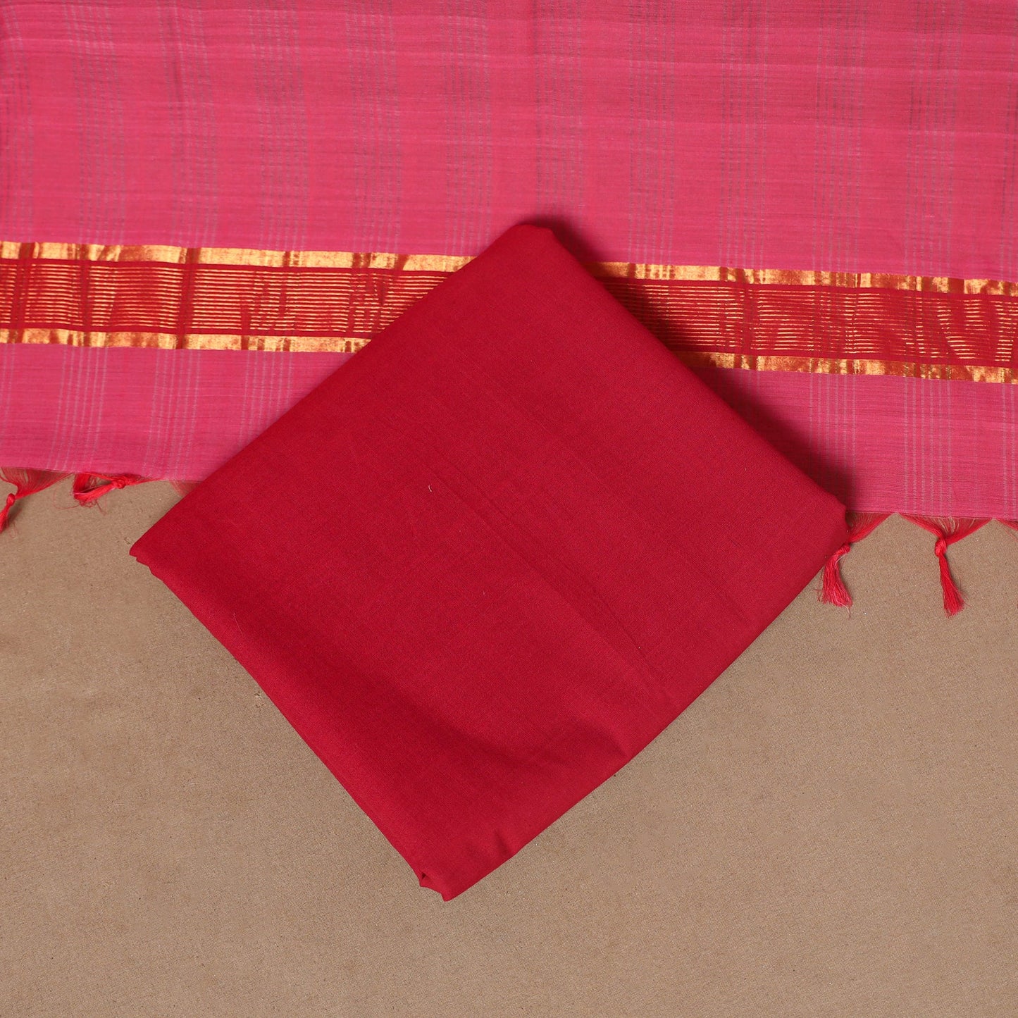 Pink - 3pc handloom cotton unstitched mangalagiri dress