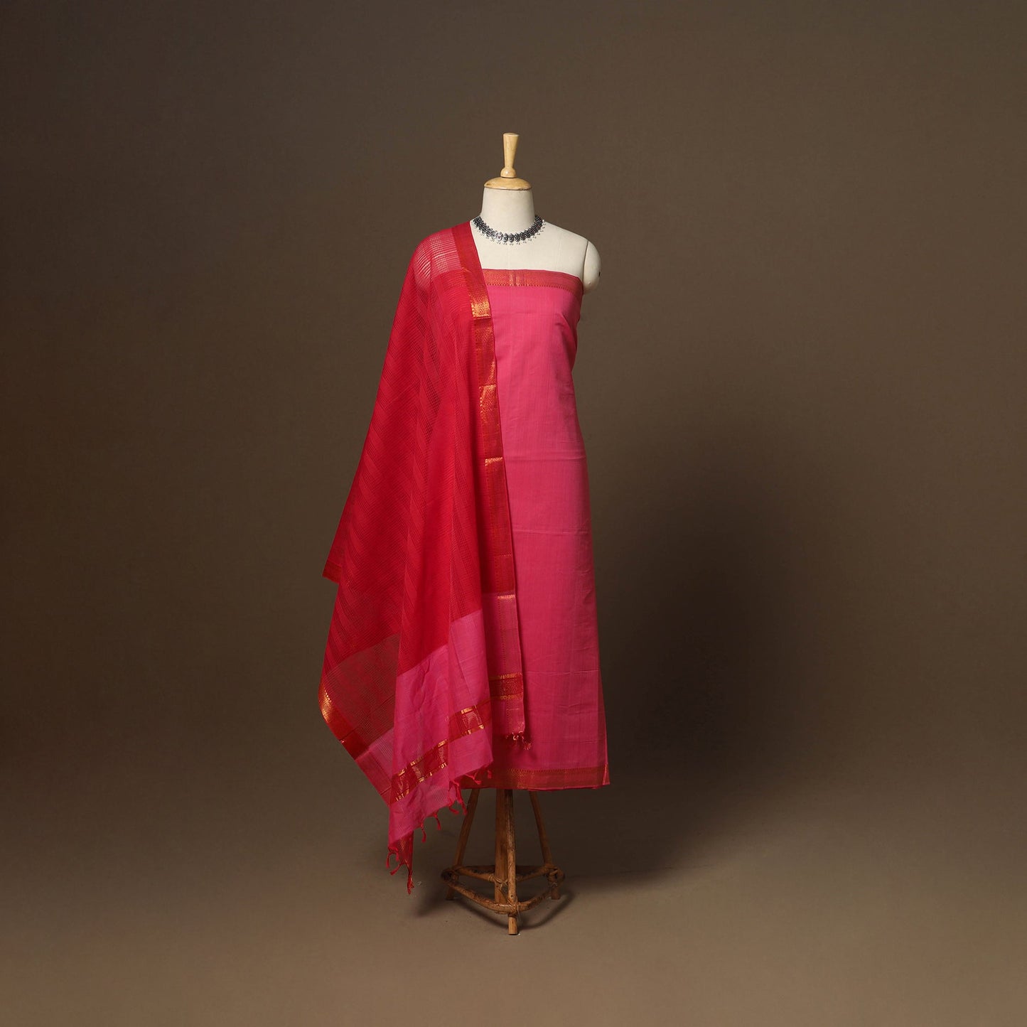 Pink - 3pc handloom cotton unstitched mangalagiri dress