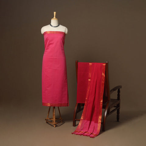Pink - 3pc handloom cotton unstitched mangalagiri dress