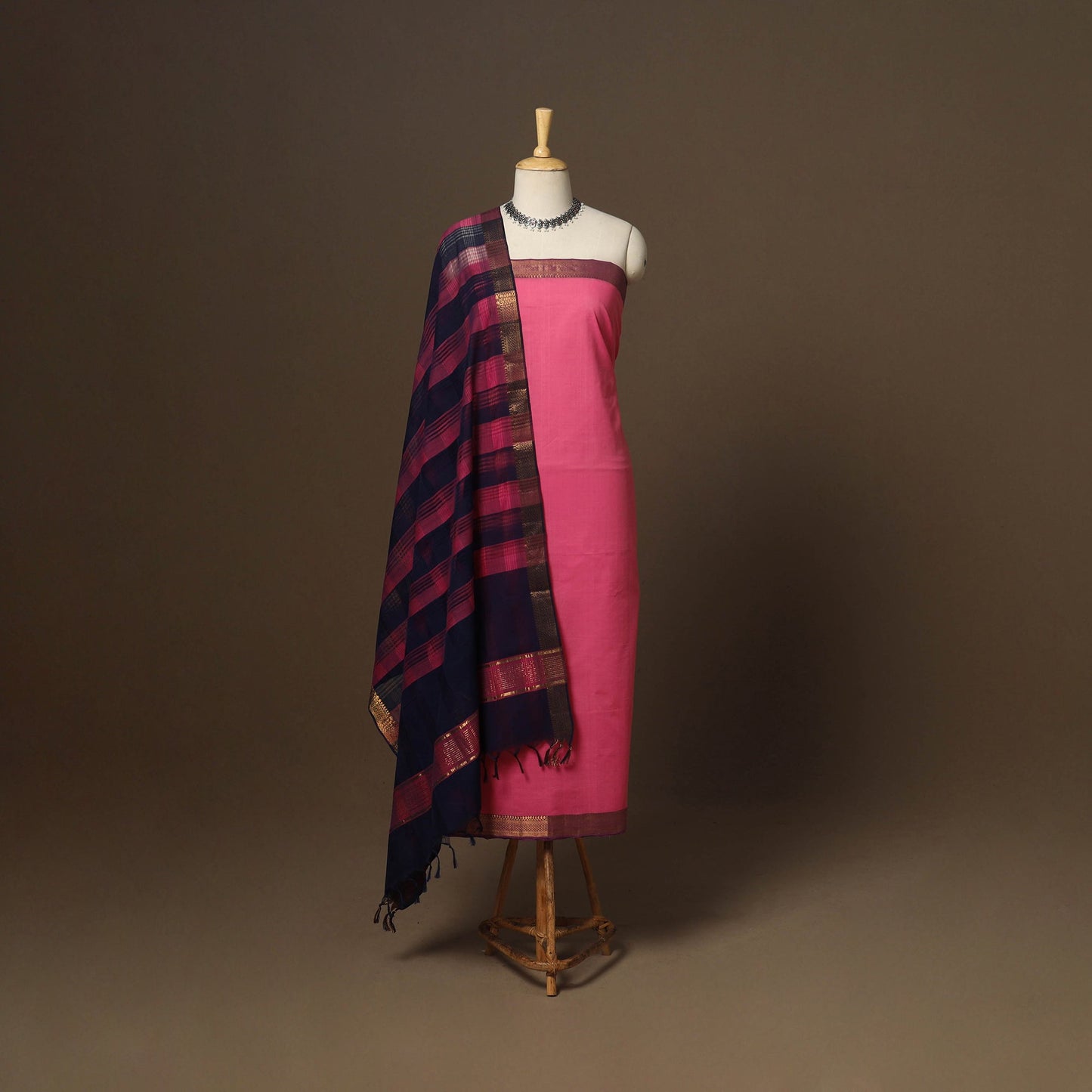 Pink - 3pc handloom cotton unstitched mangalagiri dress