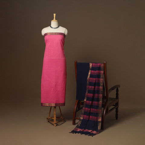 Pink - 3pc handloom cotton unstitched mangalagiri dress