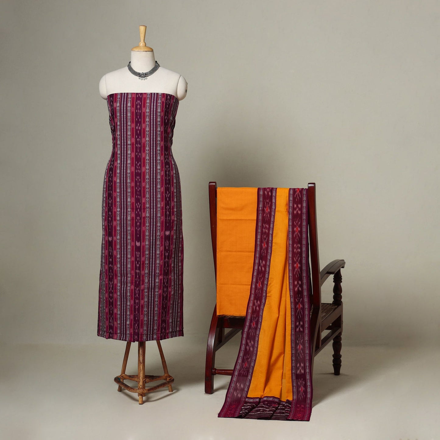 Pink - 3pc handloom cotton unstitched sambalpuri dress