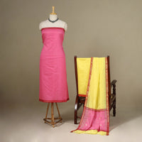Pink - 3pc Handloom Nakshi Zari Unstitched Chanderi Silk Dress Material 