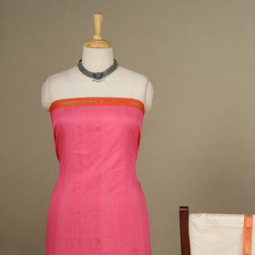 Pink - 3pc  Handloom Nakshi Zari Unstitched Chanderi Silk Dress Material 