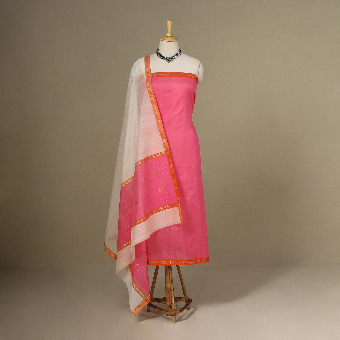 Pink - 3pc  Handloom Nakshi Zari Unstitched Chanderi Silk Dress Material 
