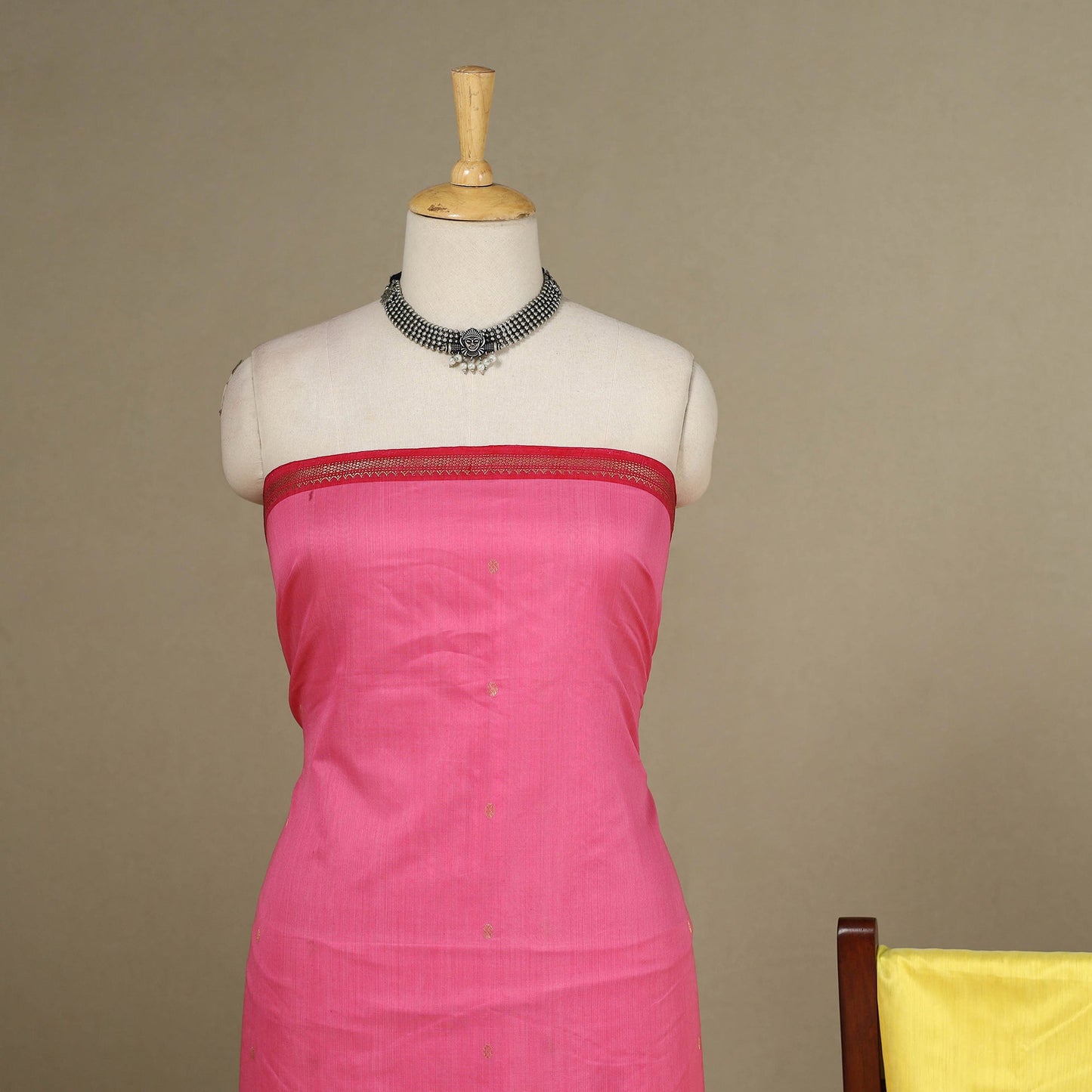 Pink - 3pc Handloom Nakshi Zari Unstitched Chanderi Silk Dress Material 