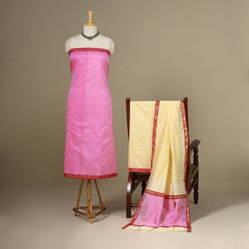 Pink - 3pc Handloom Nakshi Zari Unstitched Chanderi Silk Dress Material 