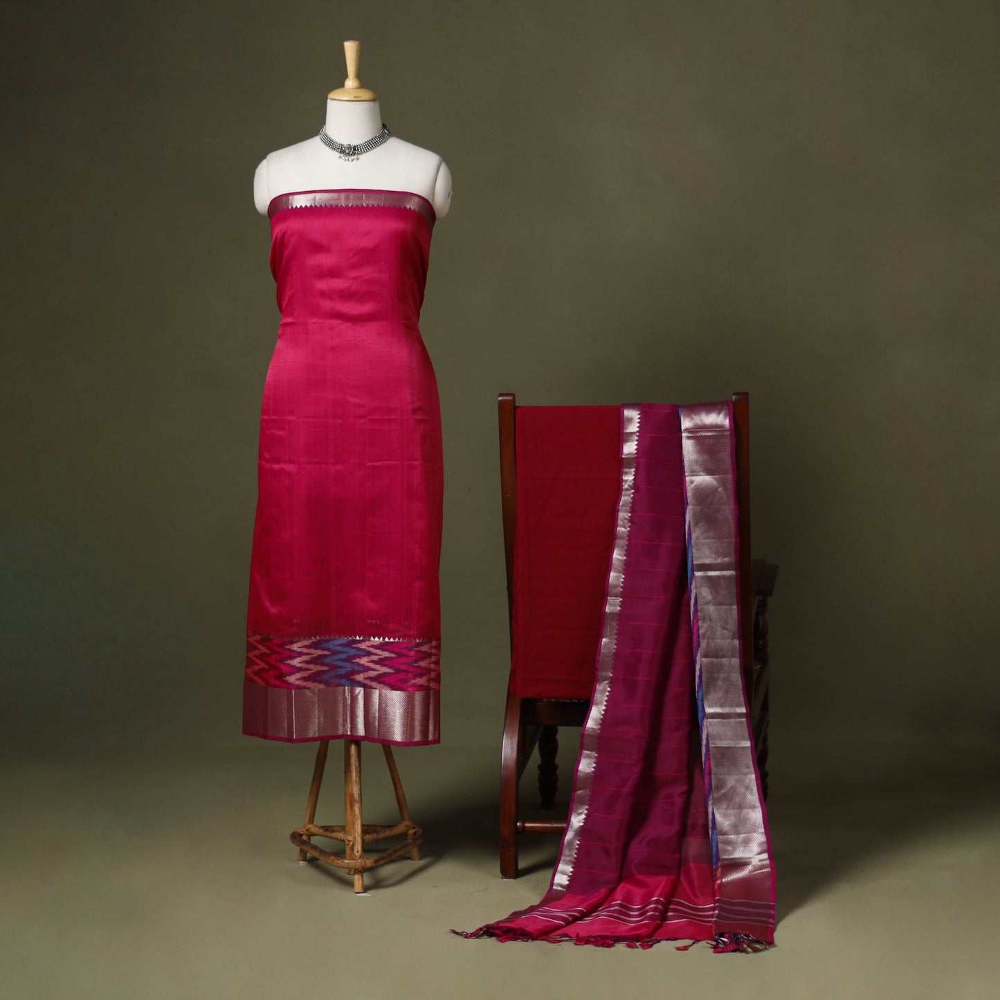 Pink - 3pc handloom unstitched mangalagiri dress material