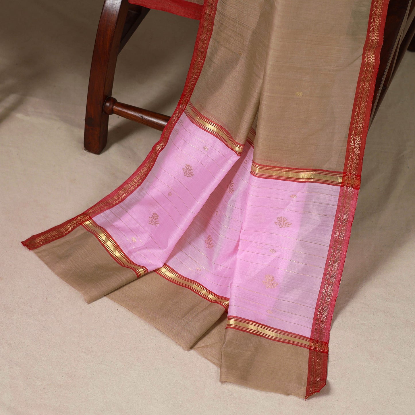 Pink - 3pc Handloom Zari Buti Unstitched Chanderi Silk Dress Material 