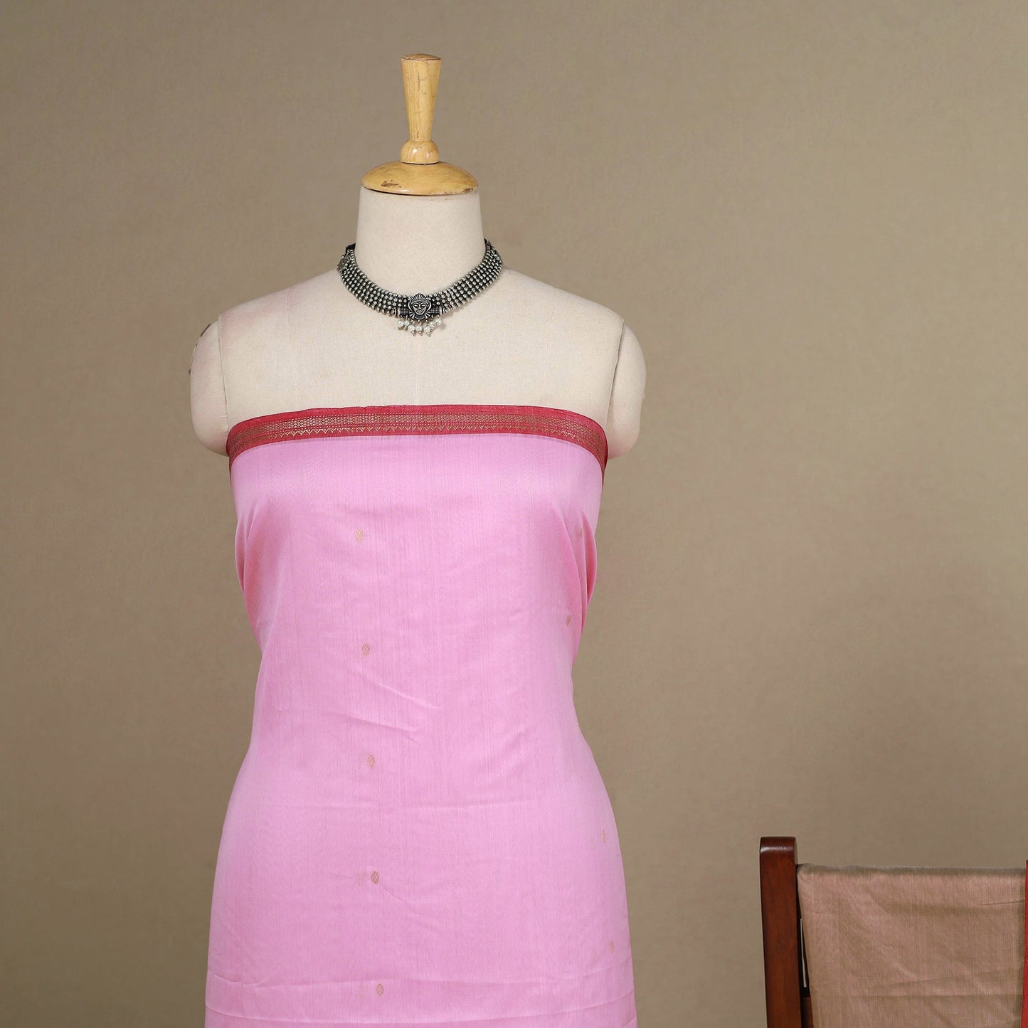 Pink - 3pc Handloom Zari Buti Unstitched Chanderi Silk Dress Material 