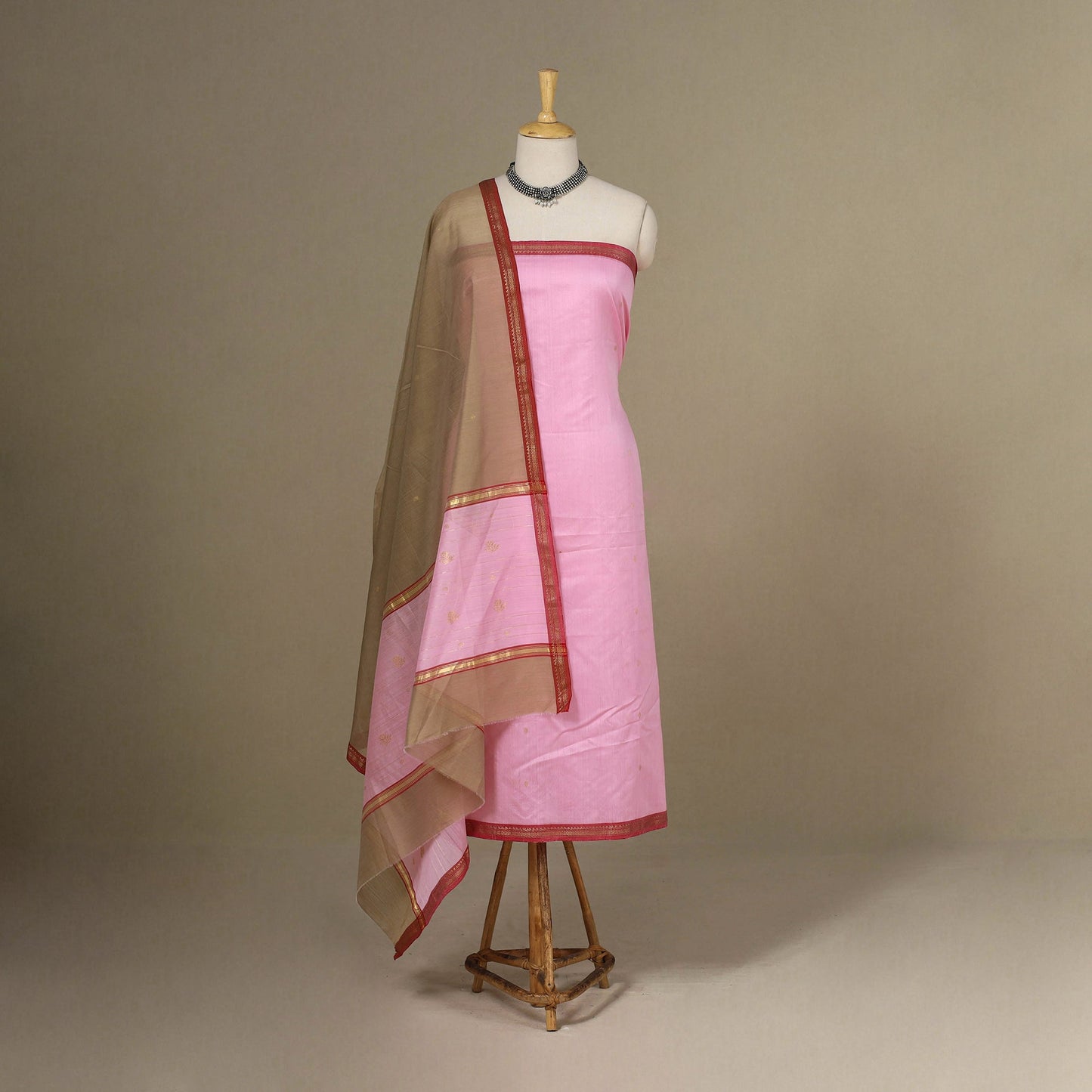 Pink - 3pc Handloom Zari Buti Unstitched Chanderi Silk Dress Material 