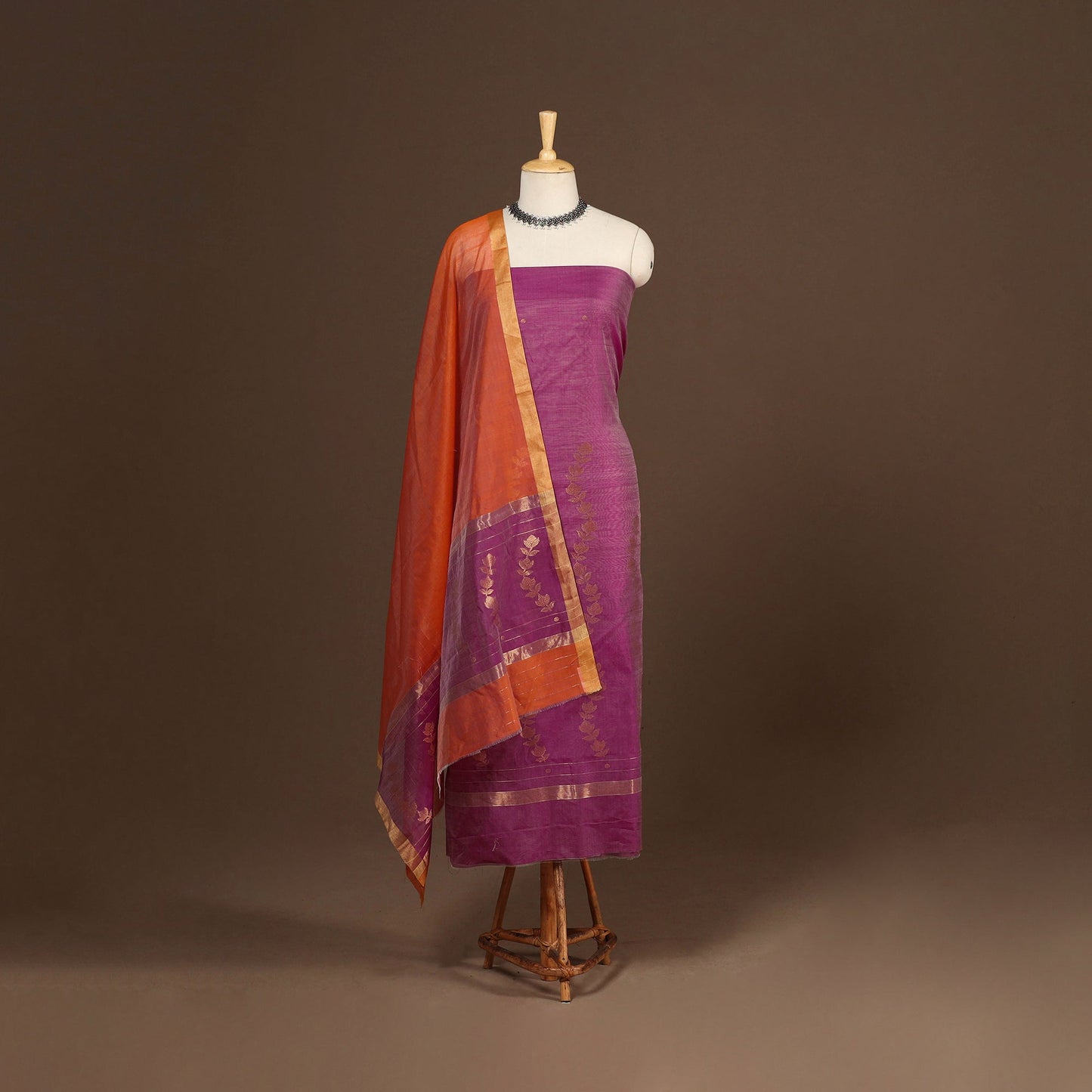 Pink - 3pc handloom zari work unstitched chanderi silk