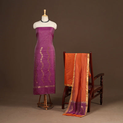 Pink - 3pc handloom zari work unstitched chanderi silk