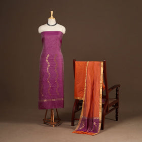 Pink - 3pc handloom zari work unstitched chanderi silk