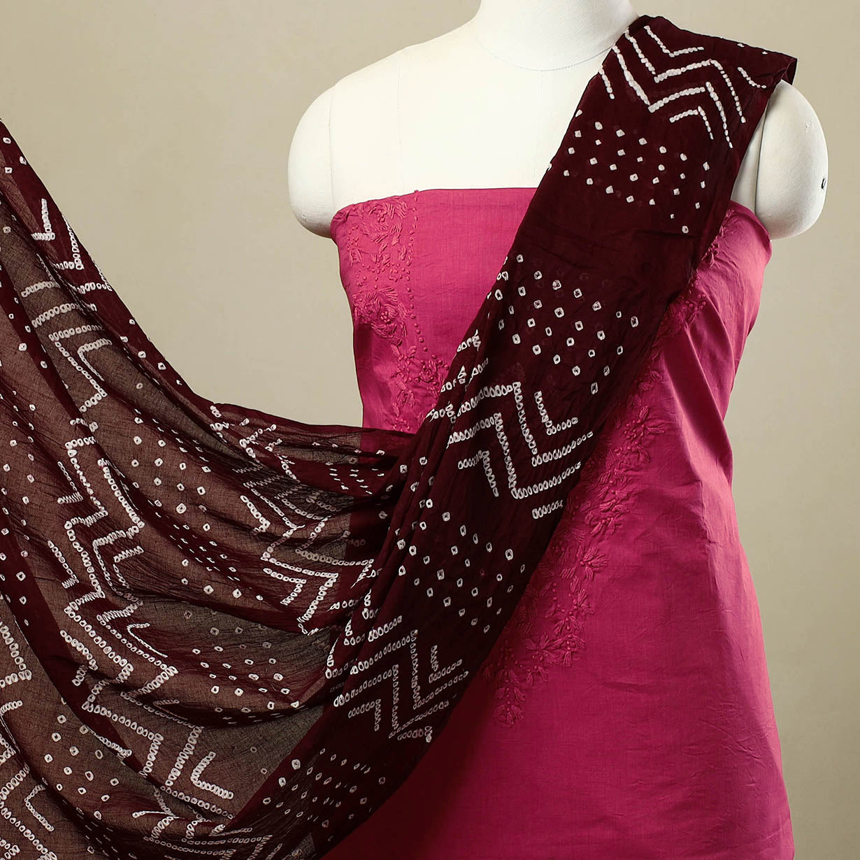 3pc Pink Kutch Embroidered Cotton Bandhani Dress Material 