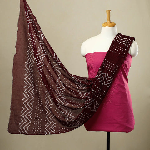 3pc Pink Kutch Embroidered Cotton Bandhani Dress Material 