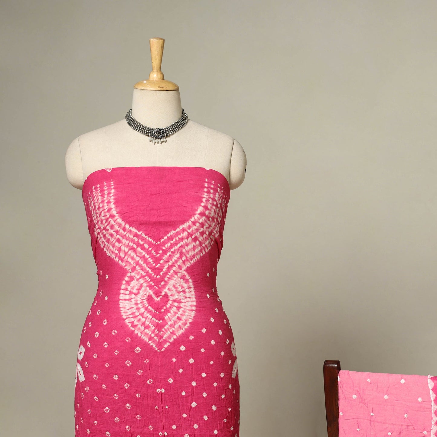 Pink - 3pc kutch tie-dye satin cotton unstitched bandhani