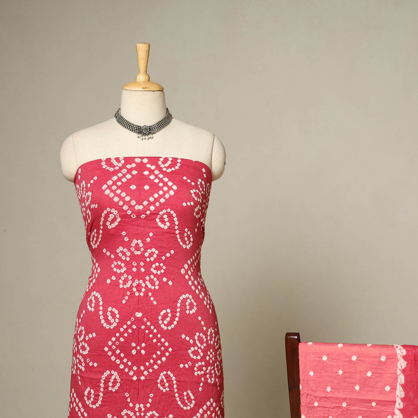 Pink - 3pc kutch tie-dye satin cotton unstitched bandhani