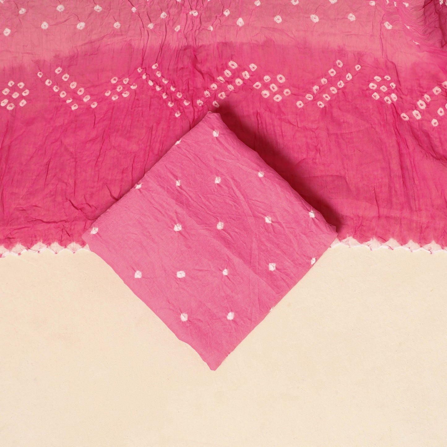Pink - 3pc kutch tie-dye satin cotton unstitched bandhani