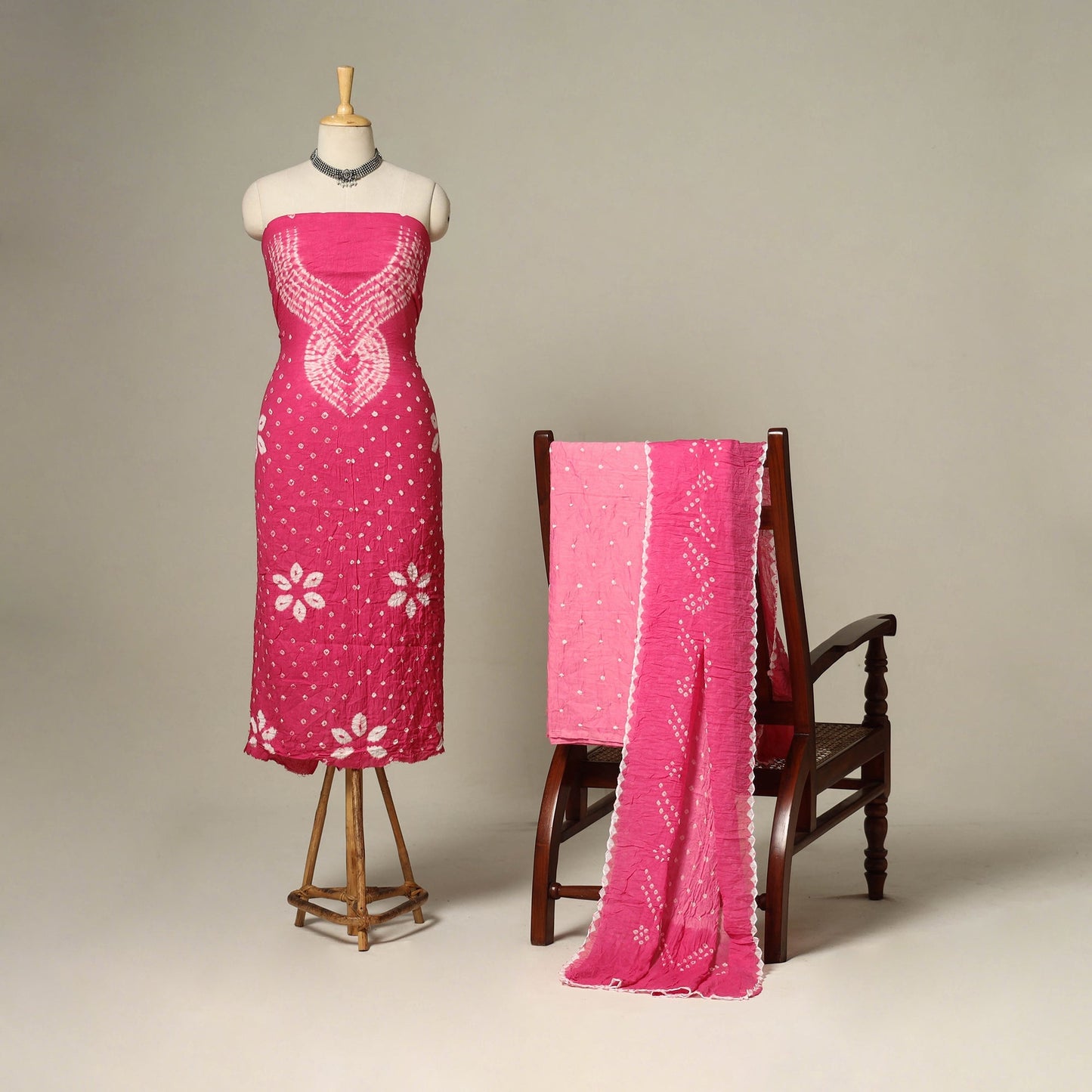 Pink - 3pc kutch tie-dye satin cotton unstitched bandhani