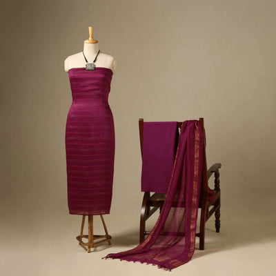 Purple 3pc Linen Silk Handloom Plain Dress Material