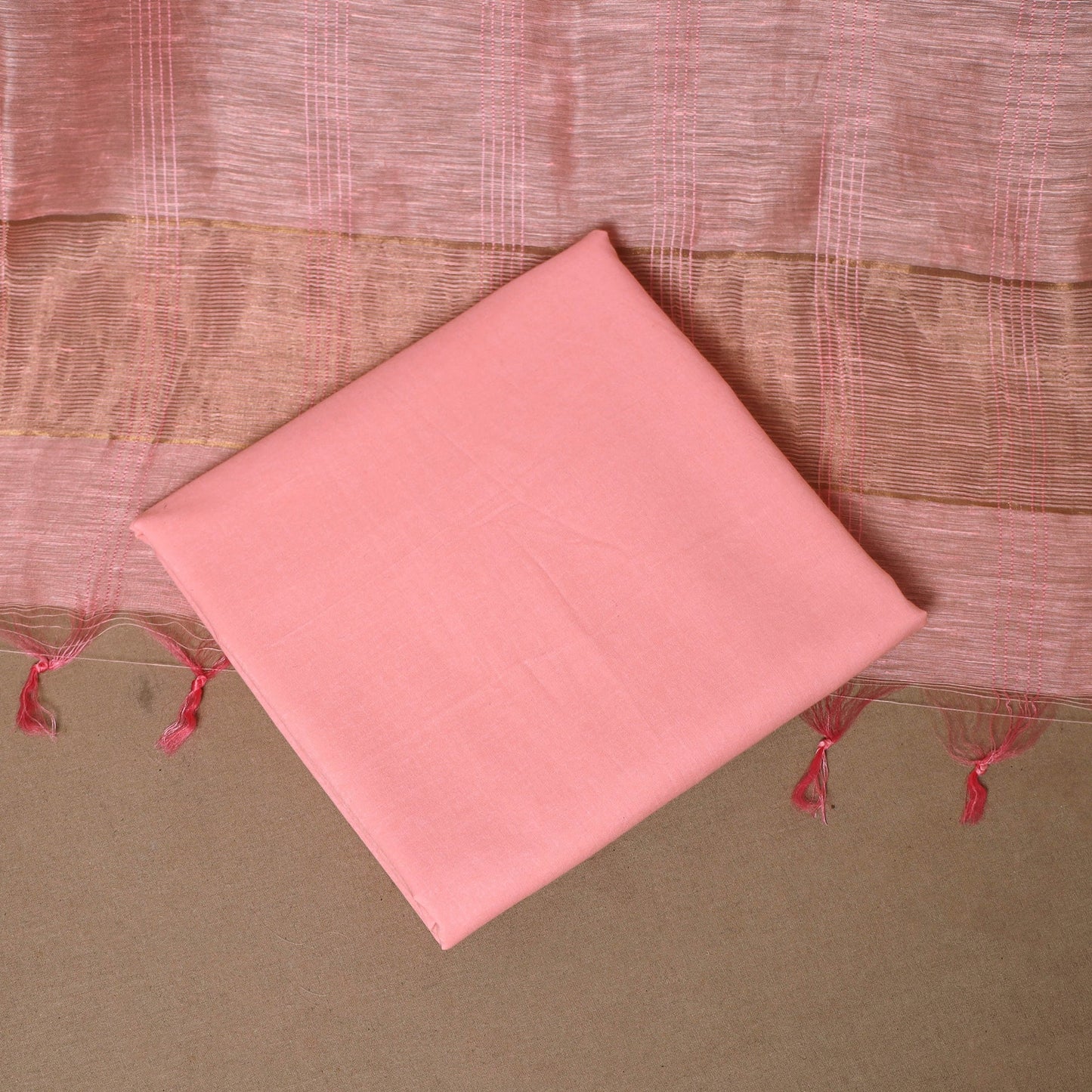 Pink - 3pc linen silk handloom unstitched plain dress