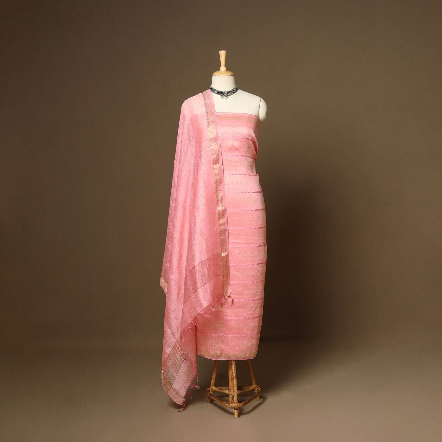 Pink - 3pc linen silk handloom unstitched plain dress