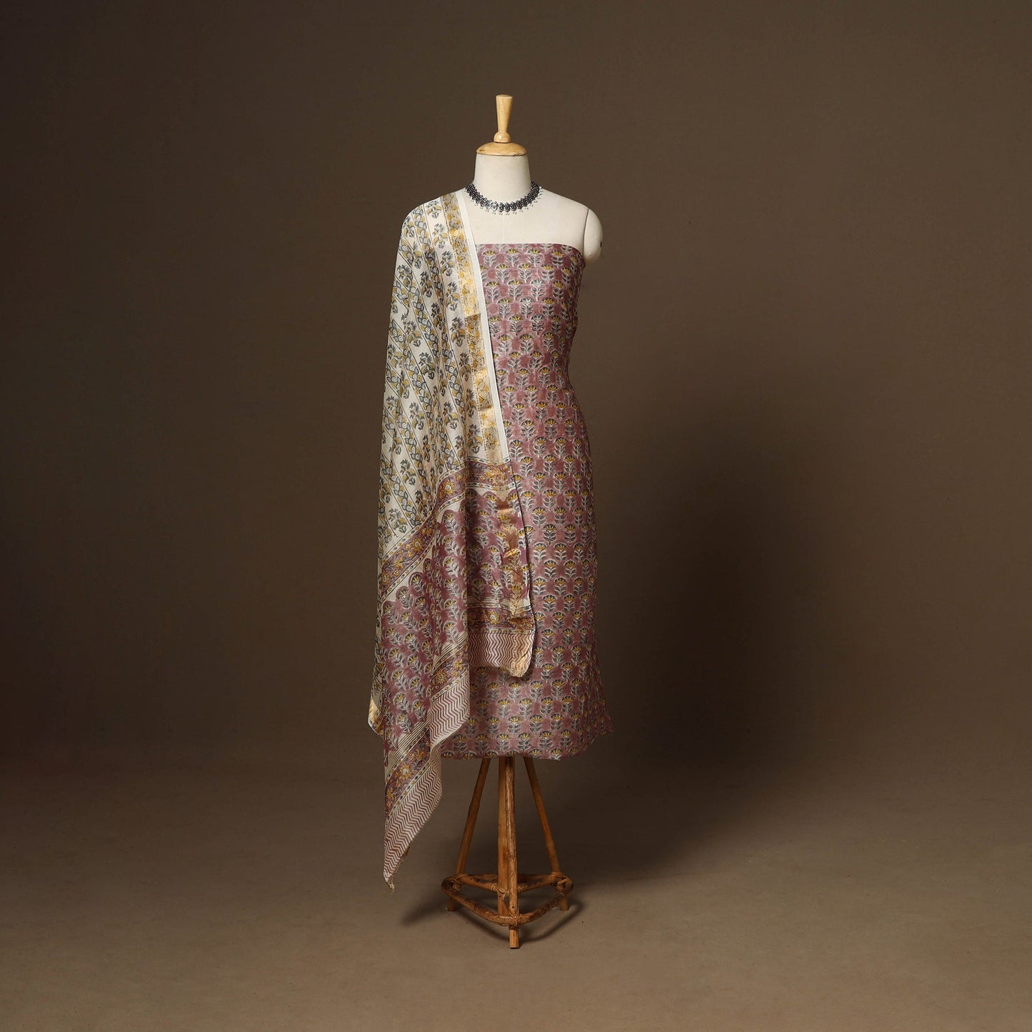 3pc maheshwari silk unstitched hand sanganeri dress