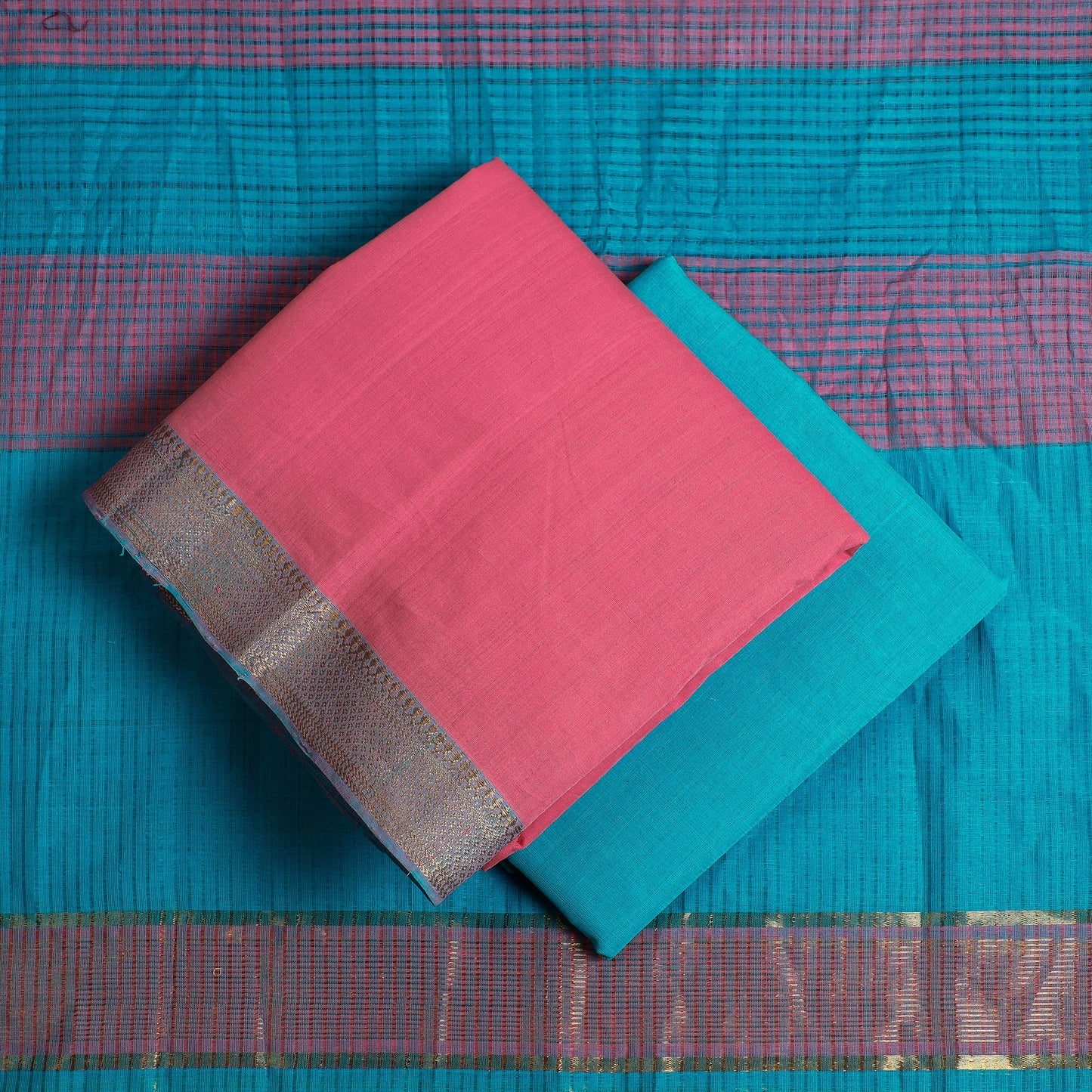  3pc Mangalagiri Handloom Cotton Suit Material Set with Zari Border 