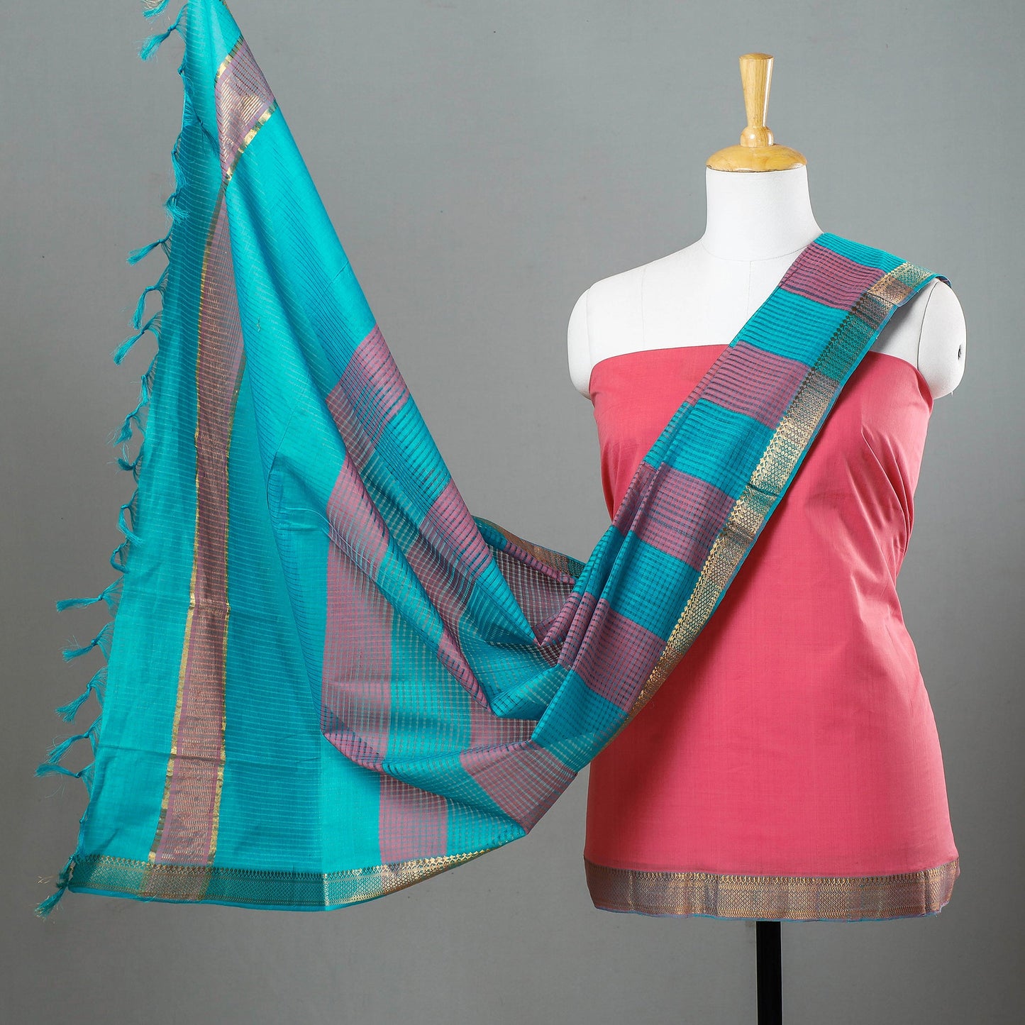  3pc Mangalagiri Handloom Cotton Suit Material Set with Zari Border 