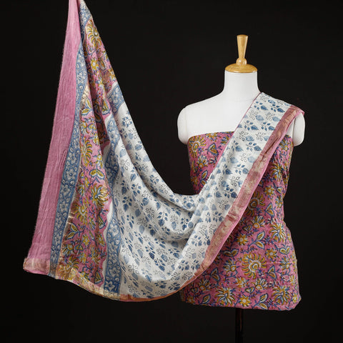 Buy 3pc Sanganeri Block Printed Maheshwari Silk Suit Material Set Online at iTokri.com