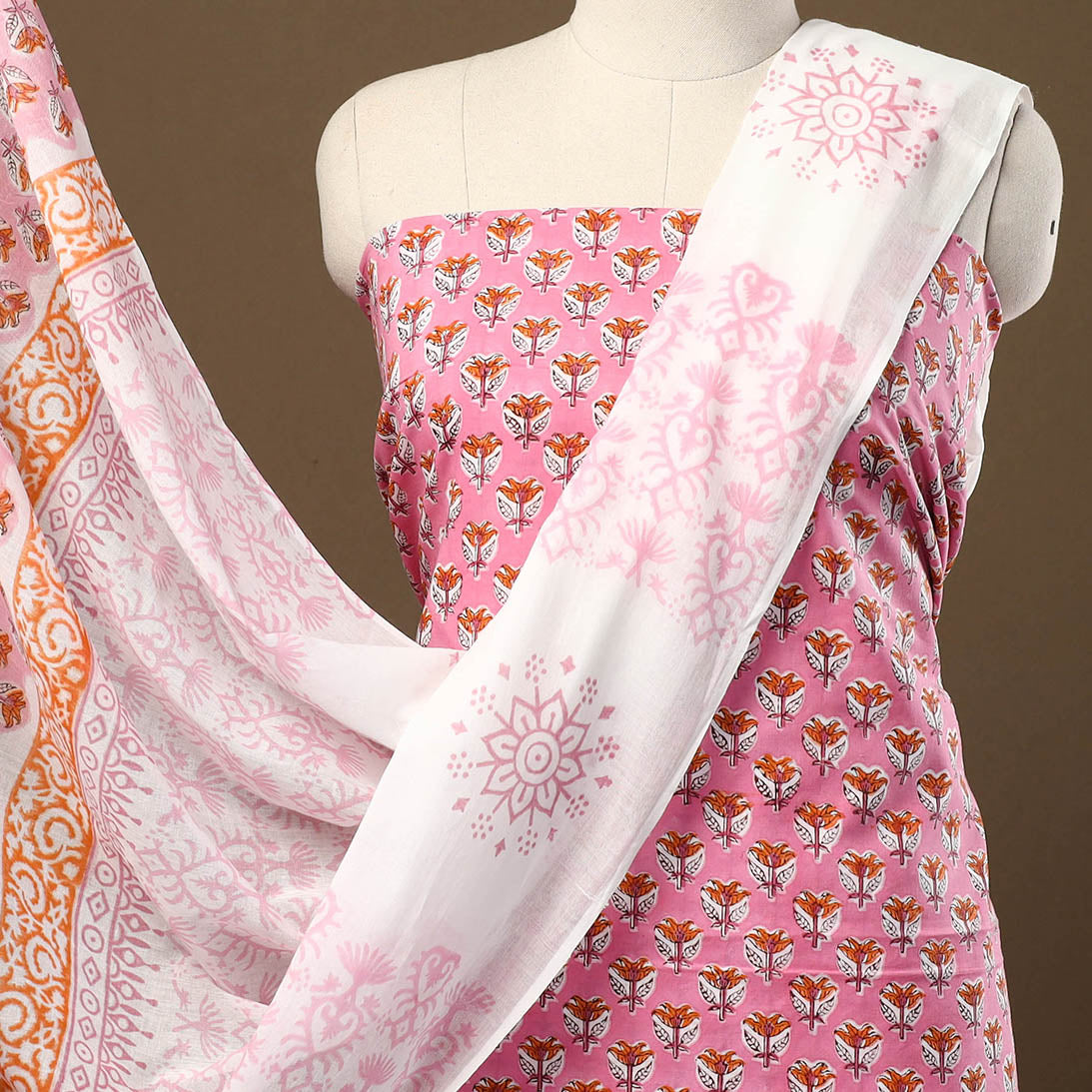 Buy Pink 3pc Sanganeri Block Print Cotton Dress Material