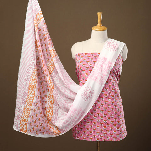 Buy Pink 3pc Sanganeri Block Print Cotton Dress Material