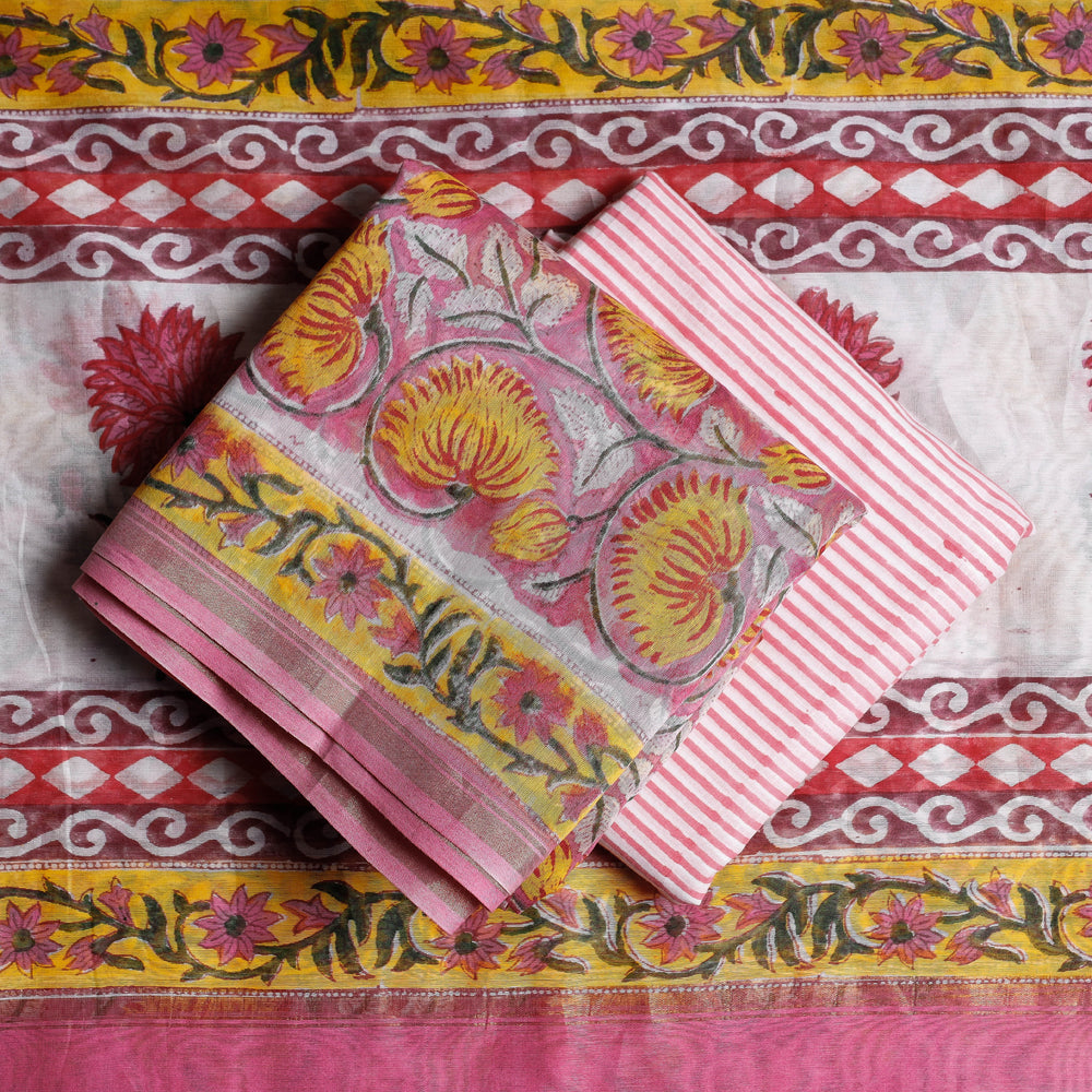 Pink - 3pc Sanganeri Block Printed Chanderi Silk Suit Material Set