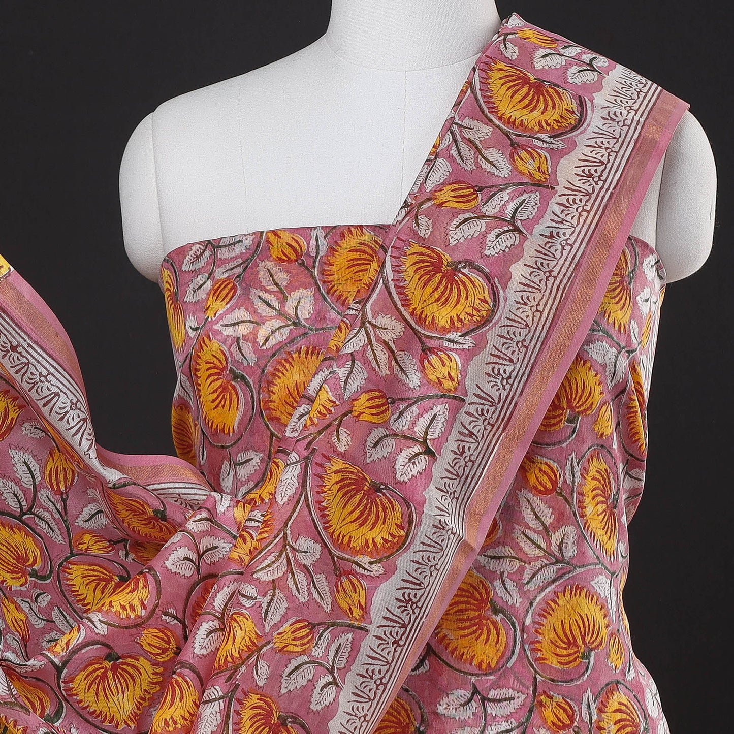 Pink - 3pc Sanganeri Block Printed Chanderi Silk Suit Material Set