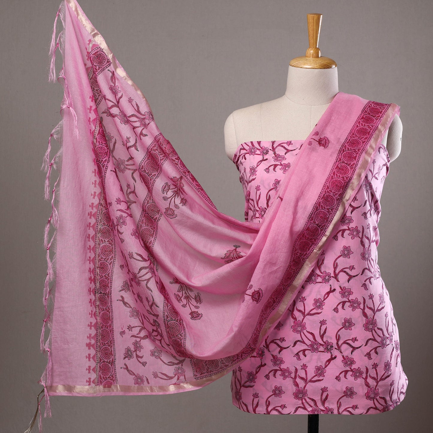  3pc Sanganeri Block Printed Cotton Suit Material with Chanderi Silk Dupatta 05 Onine 