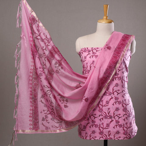  3pc Sanganeri Block Printed Cotton Suit Material with Chanderi Silk Dupatta 05 Onine 