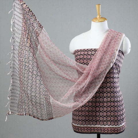  3pc Sanganeri Block Printed Cotton Suit Material with Kota Doria Dupatta 01 Onine 
