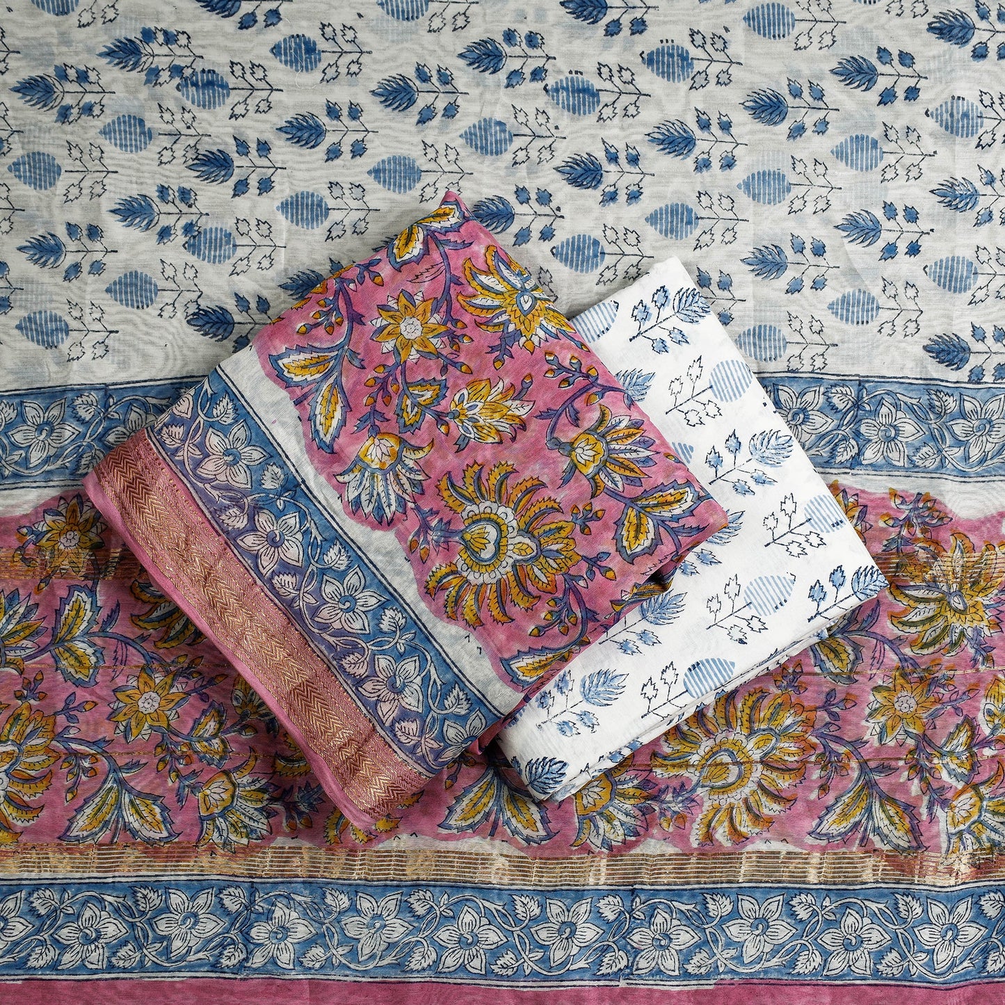 Buy 3pc Sanganeri Block Printed Maheshwari Silk Suit Material Set Online at iTokri.com