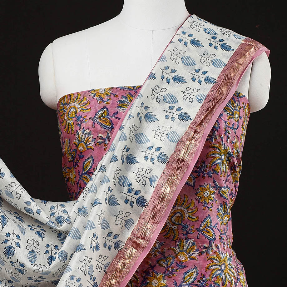 Buy 3pc Sanganeri Block Printed Maheshwari Silk Suit Material Set Online at iTokri.com