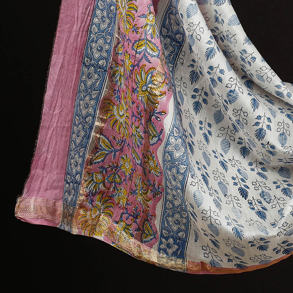 Buy 3pc Sanganeri Block Printed Maheshwari Silk Suit Material Set Online at iTokri.com