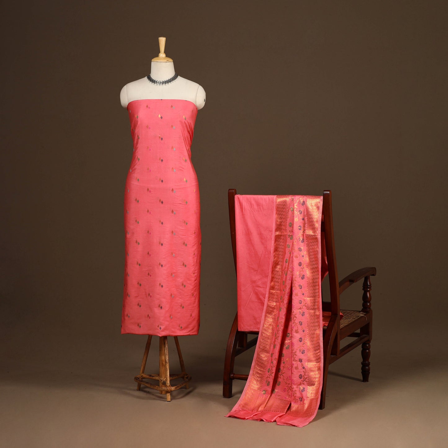 Pink - 3pc silk cotton meena weaving unstitched banarasi