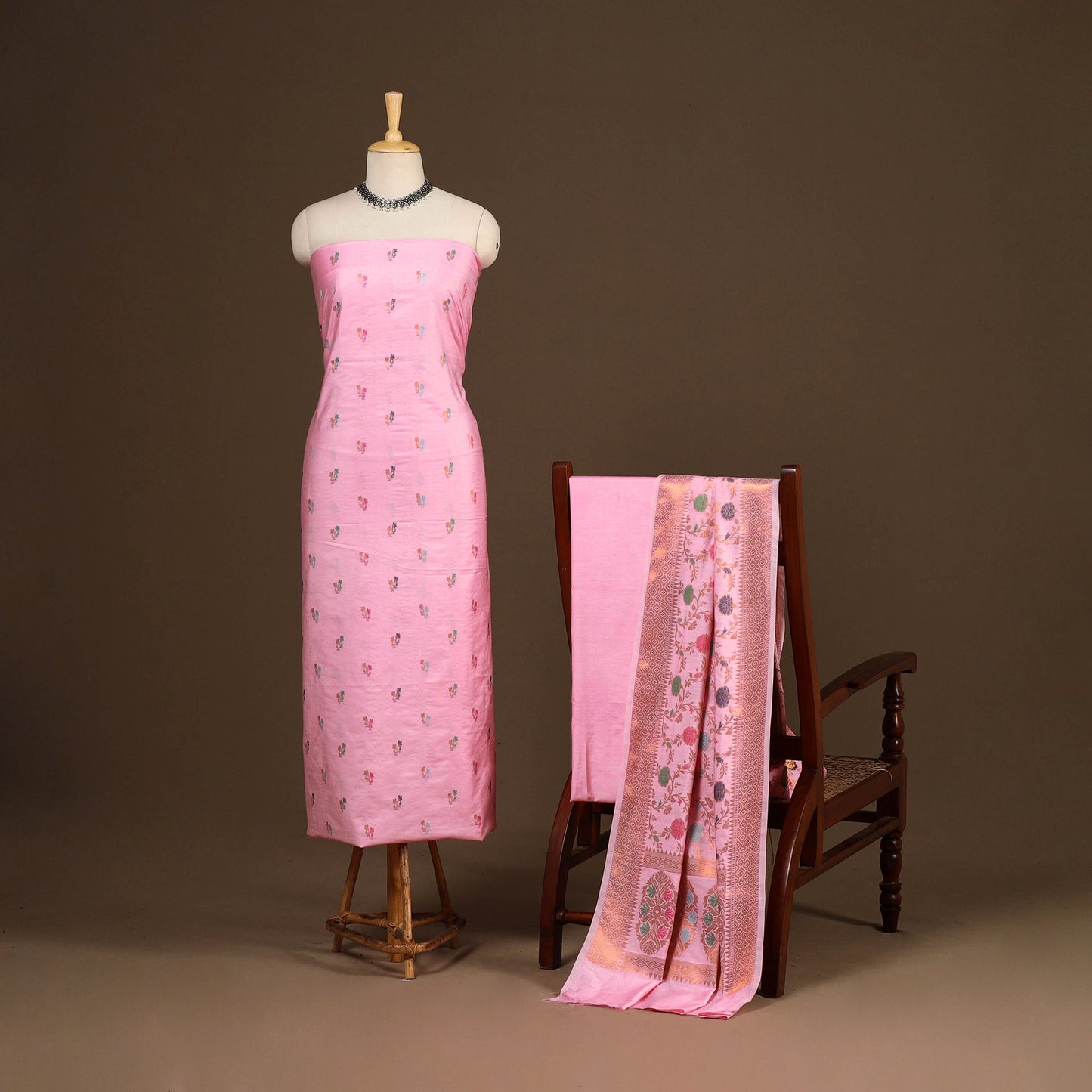 Pink - 3pc silk cotton meena weaving unstitched banarasi